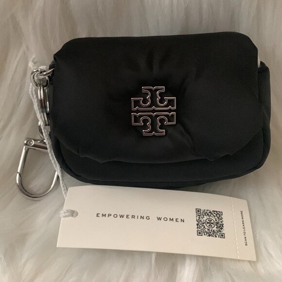 TORY BURCH Britten Nylon Puffy Card & Coin Case with Key Ring in Black - Picture 1 of 4